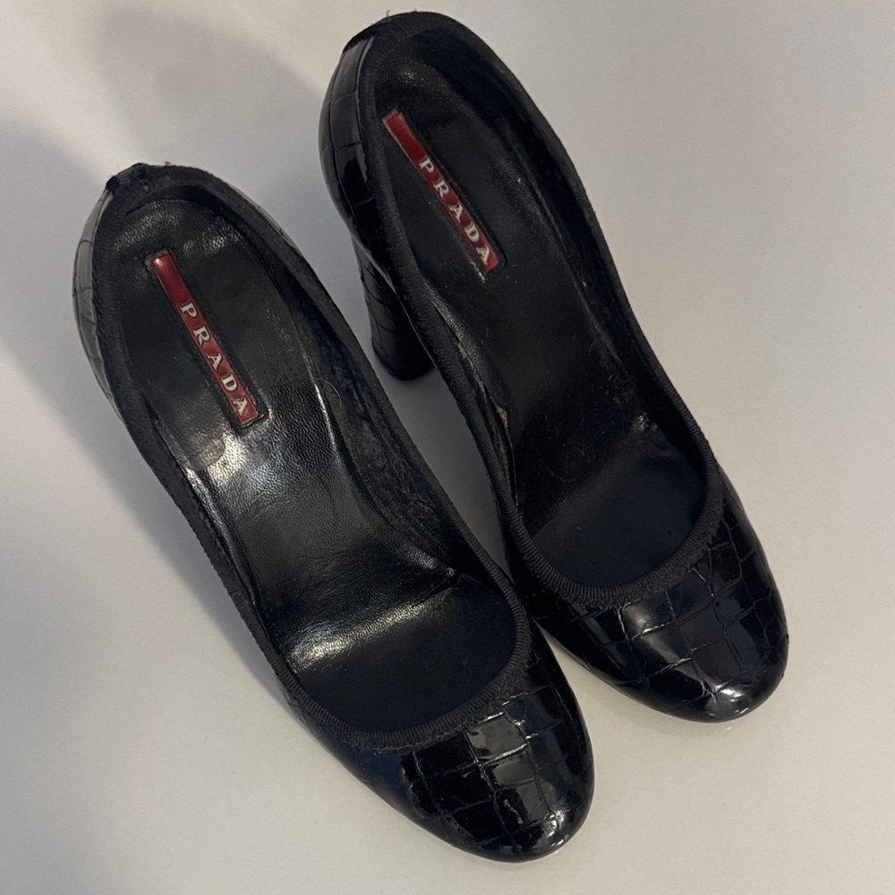 Prada Glossy Black Embossed Heels